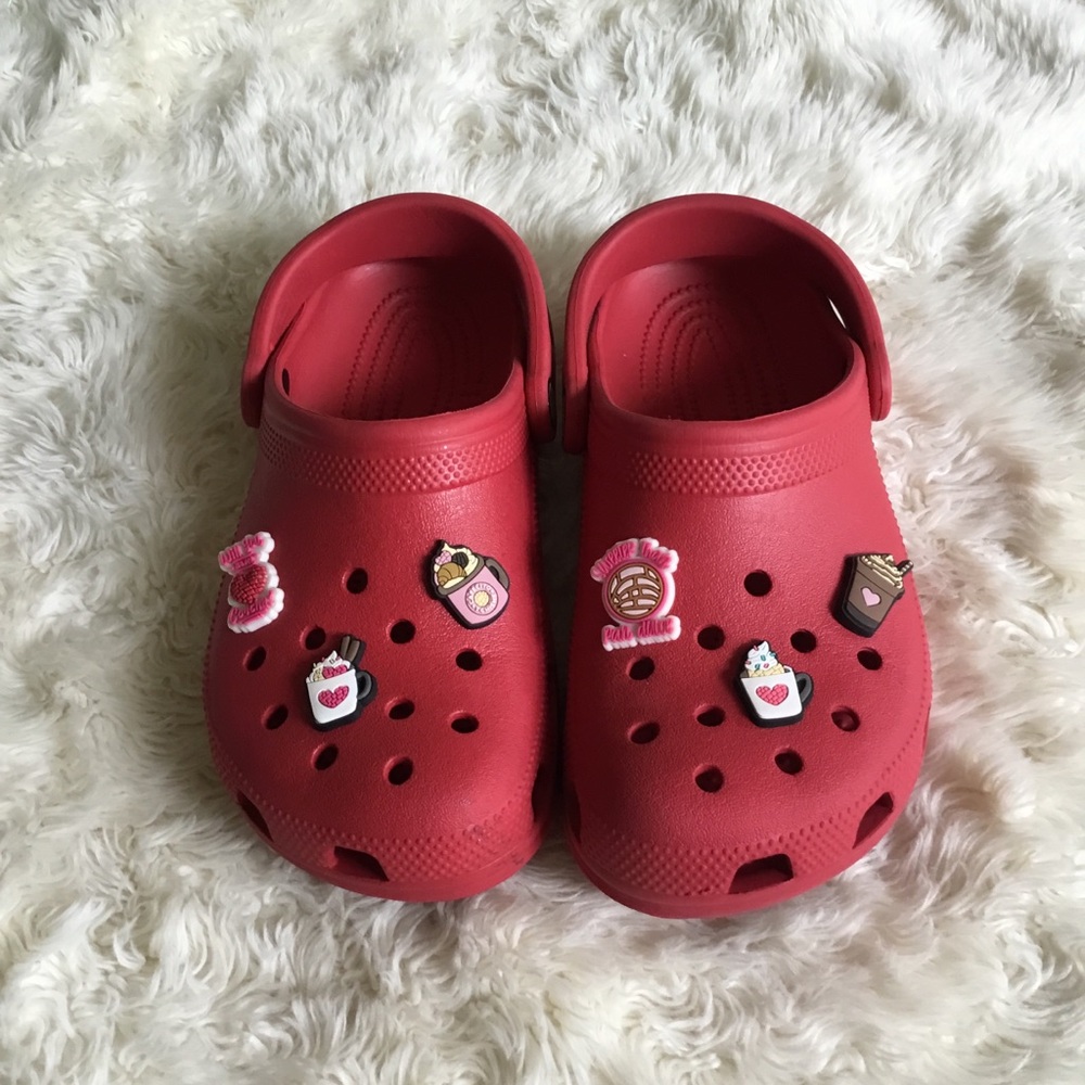 CROCS Woman’s Red Classic Clogs with Cute Jibbitz Charms